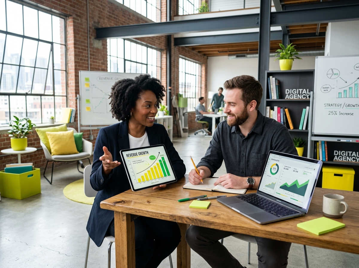 Growth strategists reviewing revenue models